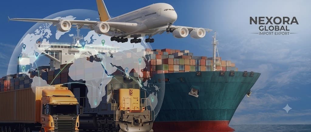 Global import export logistics with cargo ship, airplane, and freight truck